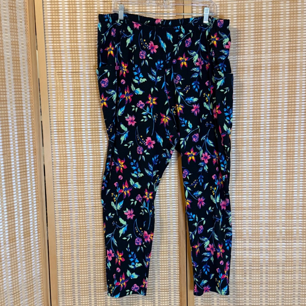 Woman Within Floral Leggings Black Multi Color Petite 2X 26/28 Stretch Pockets